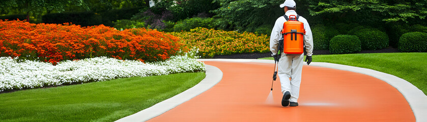 Fototapeta premium Landscaping Worker Treats Vibrant Flowers: Applying Pest Control on a Garden Path