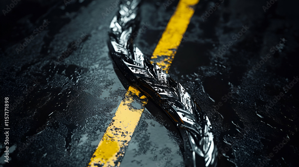 Poster metallic chain on wet surface: gleaming links rest elegantly on dark, rain-slicked asphalt, intersec