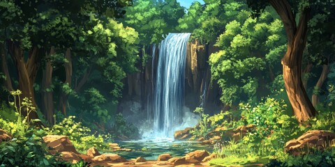 A lively forest features a beautiful, flowing waterfall that cascades down, creating a stunning natural scene in the midst of the vibrant greenery all around.