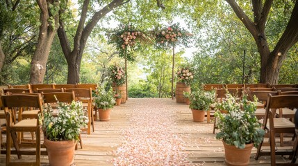 Outdoor wedding ceremony setup with wooden chairs, floral arrangements, and a natural backdrop.