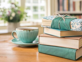 A cozy stack of books with a cup of coffee, perfect for a relaxing reading session.