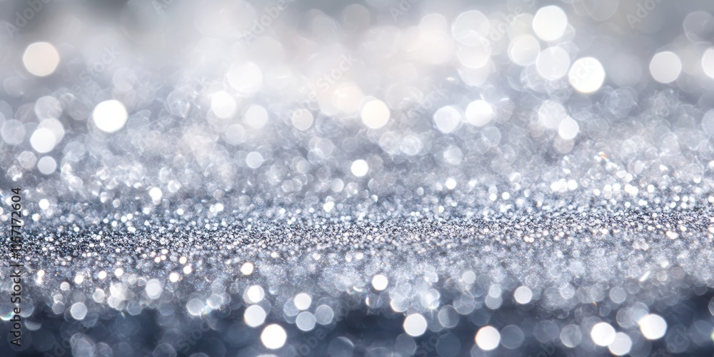 Poster the background features a shimmering silver hue, adorned with an abstract texture filled with sparkl