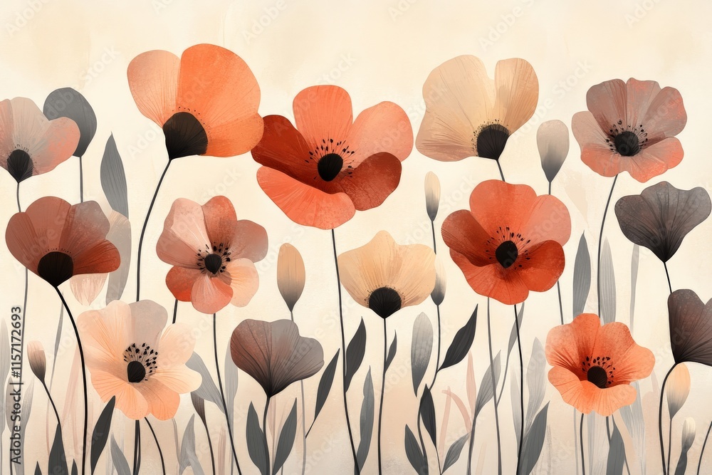 Poster a cluster of poppy flowers in orange and peach tones with muted green leaves, creating a gentle and 