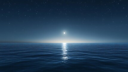 A tranquil night scene with the soft light of the moon illuminating a calm ocean, with the distant horizon barely visible under the starlit sky