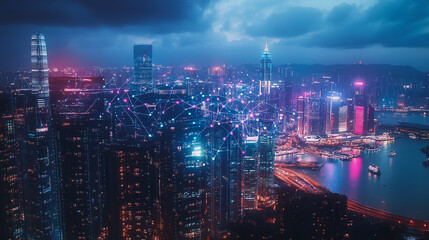 Obraz premium Smart digital Innovation city with connection network reciprocity over the cityscape. of future smart wireless digital city and social media networking systems that connects people with in city