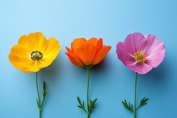 Obraz premium Three vibrant blossoms in yellow, orange, and pink beautifully aligned against a bright blue background, representing diversity, cheerfulness, and artistic elegance.