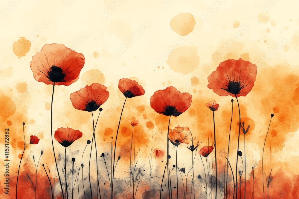 Poster This image portrays numerous delicate poppies in varying sizes, set against a watercolor sky backdrop, blending sketch-like lines with soft tones, evoking serenity.