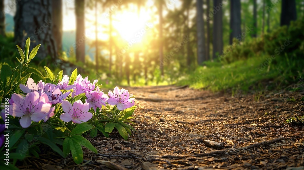 Wall mural Enchanting Forest Path with Blooming Flowers in Warm Sunlight