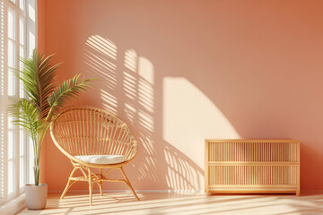 Sunlit Room with Rattan Chair and Cabinet, Peaceful and Serene Atmosphere Enhanced by Natural Light and Tropical Plant