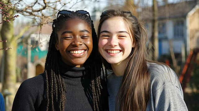 portrait of best friend of black girl and white girl smiling together in park on sunny day
