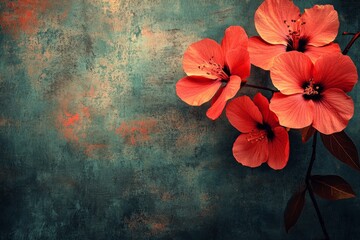 A stunning display of red hibiscus flowers set against a textured backdrop, showcasing a blend of natural beauty and abstract artistry in a lively composition.