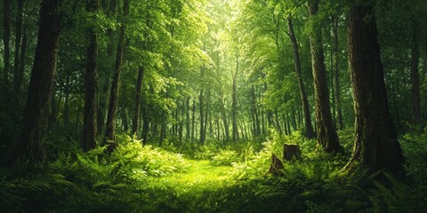 Obraz premium Lush green forest during the vibrant spring season, showcasing the beauty of greenery and the refreshing ambiance found within a green forest filled with life.