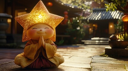 Happy meditating child-like figure with star hat in serene garden.