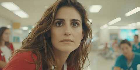 Hospital Drama, Woman's Intense Gaze in a Busy Medical Setting, Reflecting Anxiety and Uncertainty