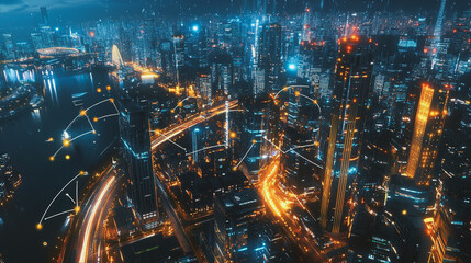 Smart digital Innovation city with connection network reciprocity over the cityscape. of future smart wireless digital city and social media networking systems that connects people with in city