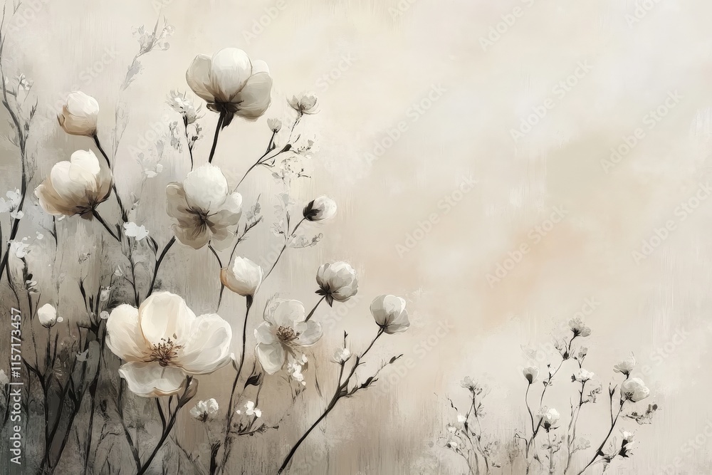 Aufkleber elegant depiction of minimalistic wildflowers in soft neutral tones, highlighting the simplicity and