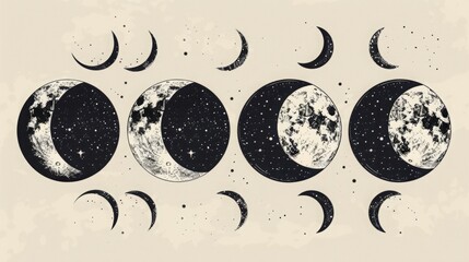 set of moon phases in vintage engraving style.