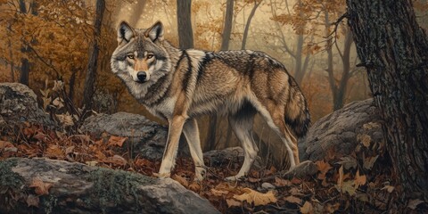 Obraz premium Eastern Wolf, also known as the American grey wolf, represents a unique subspecies of Canis lupus. The Eastern Wolf is characterized by its distinct features and behaviors within its habitat.