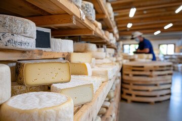 A detailed view of the cheese aging process highlighting various types of cheese systematically stored on wooden shelves in a dairy facility, emphasizing quality control.