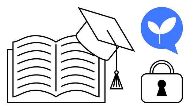 Open book with graduation cap, plant speech bubble, and padlock emphasize knowledge, learning, and security. Ideal for education, e-learning, academic success, growth security privacy