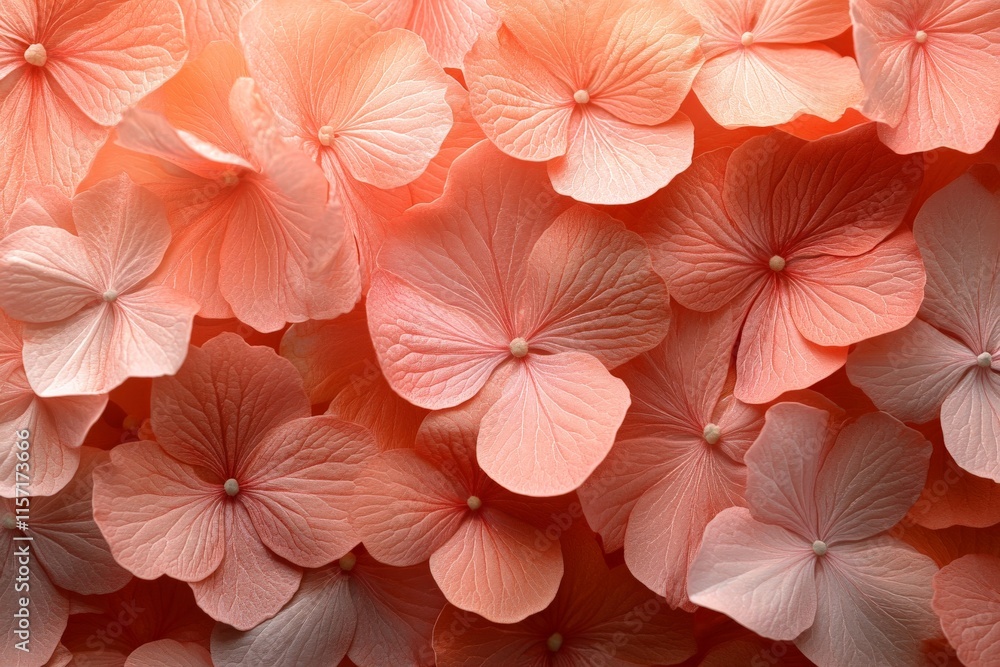 Poster hydrangea petals depicted in a range of soft coral shades form a textured pattern, offering a pleasi