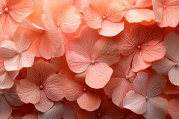 Obraz premium Hydrangea petals depicted in a range of soft coral shades form a textured pattern, offering a pleasing visual of nature’s beauty and conveying warmth and comfort.