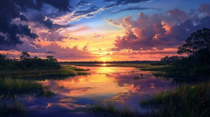 Stunning sunset in a vast savannah landscape, showcasing vibrant colors reflected in tranquil water. This captivating sunset highlights the beauty of nature in the savannah.