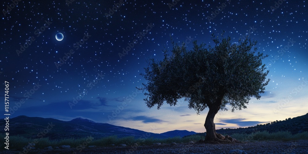 Poster isolated olive tree at dusk beneath a starry sky featuring the moon, creating a serene scene with th