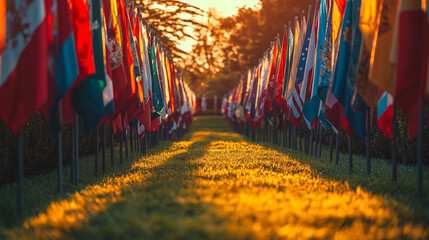 Memorial Day remembrance with flags lining a sunlit pathway. 