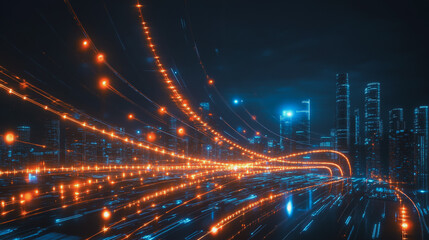 Naklejka premium Smart digital Innovation city with connection network reciprocity over the cityscape. of future smart wireless digital city and social media networking systems that connects people with in city