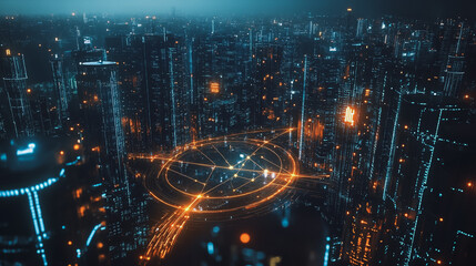 Obraz premium Smart digital Innovation city with connection network reciprocity over the cityscape. of future smart wireless digital city and social media networking systems that connects people with in city