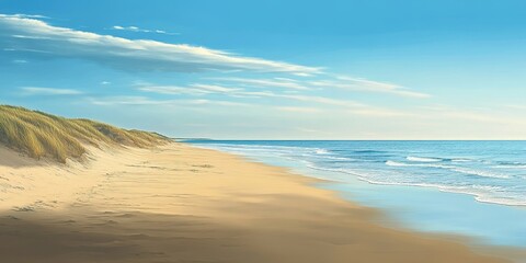 Obraz premium Declining beach scene featuring a beautiful shoreline, showcasing the natural beauty often associated with beach settings, highlighting the serene atmosphere of a beach destination.