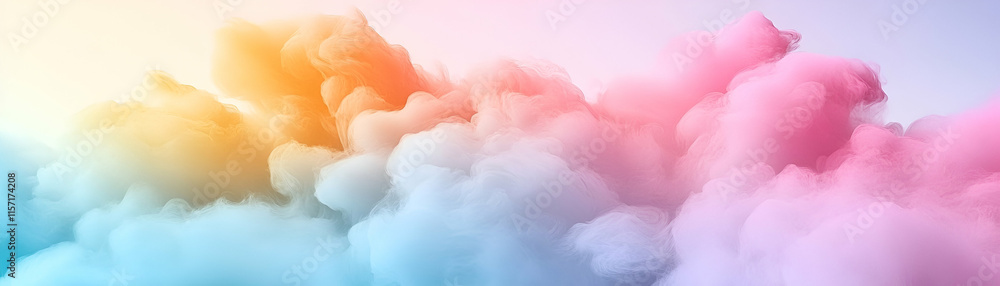Poster pastel dreamscape, clouds of color blend softly, creating a serene and ethereal atmosphere.