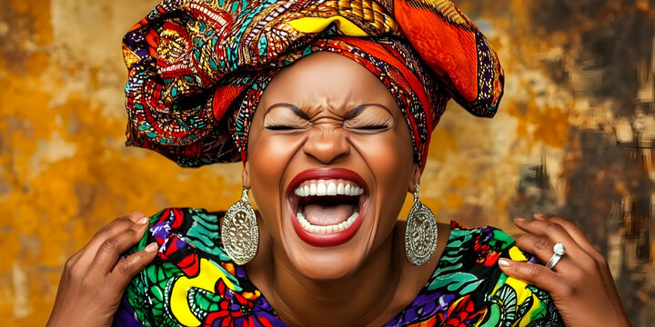 Vibrant Headwrap, Joyful Laughter, African Print, Bold Earrings, Expressive Face. A woman radiates happiness and cultural pride.