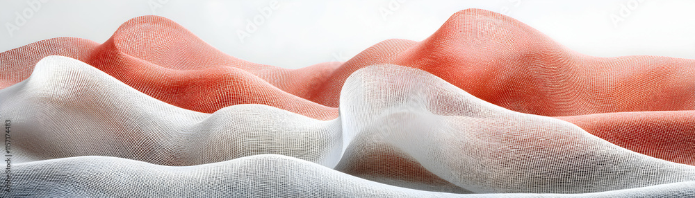 Poster abstract fabric drapes, coral and white mesh in undulating waves, creating a textured landscape of s