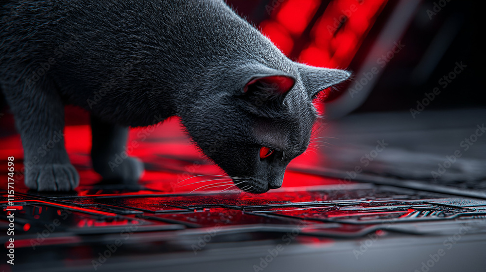 Aufkleber gray cat investigating red illuminated surface, exploring futuristic tech with curiosity and intrigu