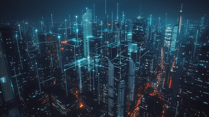 Fototapeta premium Smart digital Innovation city with connection network reciprocity over the cityscape. of future smart wireless digital city and social media networking systems that connects people with in city