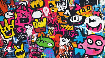 Playful and colorful graffiti mural featuring bold characters and vibrant abstract street art style