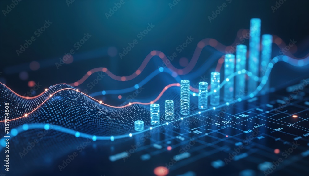 Aufkleber Digital financial chart shows business growth. Dynamic graphs, bar charts illustrate increasing revenue. Tech-driven progress highlighted. Data visualization strong performance, financial success.