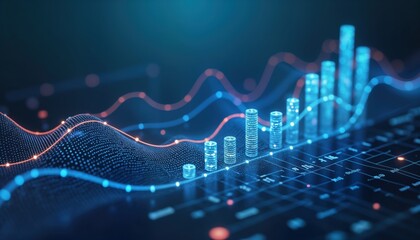 Digital financial chart shows business growth. Dynamic graphs, bar charts illustrate increasing revenue. Tech-driven progress highlighted. Data visualization strong performance, financial success.