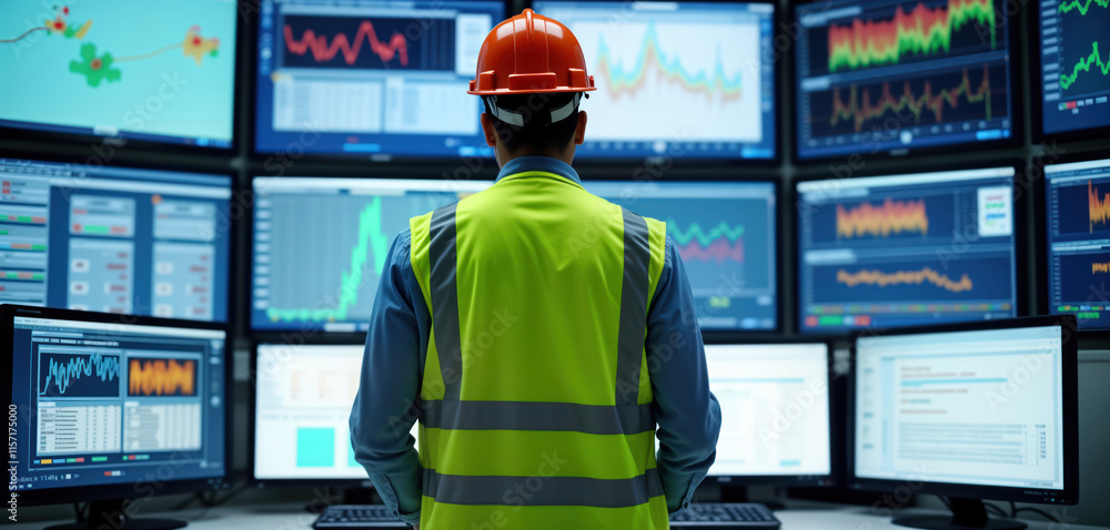 Aufkleber Engineer in control room observes multiple monitors displaying data graphs, info. Wears safety vest. Control center displays various tech data. Room full of computer screens. Data visualization, tech