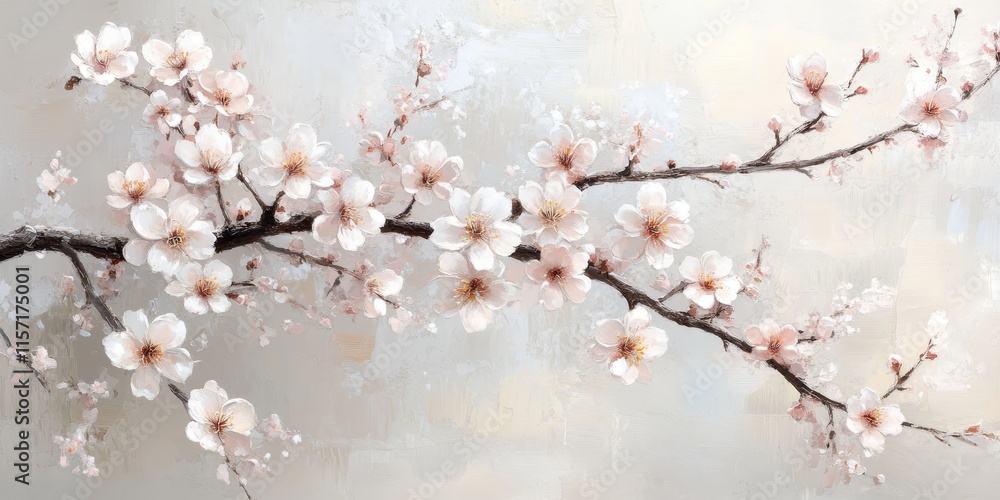 Poster delicate branches adorned with cherry blossoms create a soft and serene composition against a light 