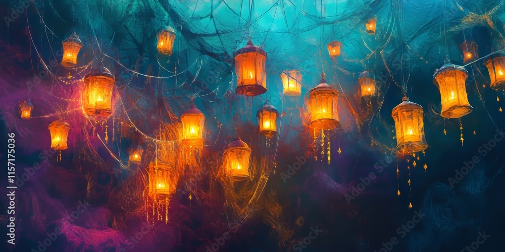 Poster a vibrant, beautifully painted web is enhanced by dangling lanterns and candles, creating a festive 