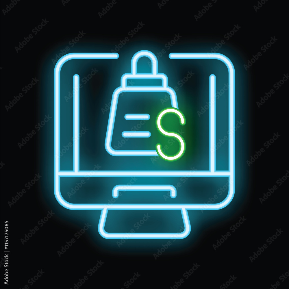 Poster glowing neon icon representing an online payment transaction displayed on a computer screen