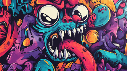 Obraz premium Vibrant graffiti artwork of a colorful monster with exaggerated features and abstract elements