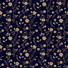 Vector floral seamless pattern. Elegant golden ditsy background with small wild meadow flowers, leaves, branches. Black and gold pretty floral ornament texture. Abstract luxury repeated geo design