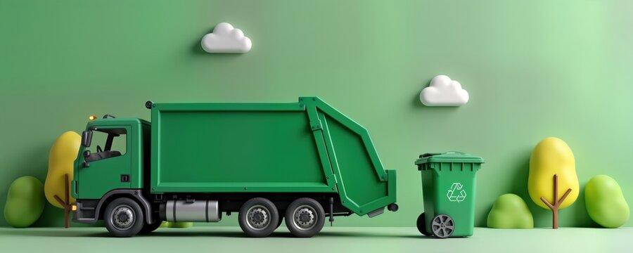 Eco friendly waste management solution shown in 3D illustration. Green recycling truck near green recycling bin. Sustainable city environment. Clean urban landscape. Waste disposal service.