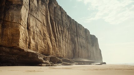 Majestic cliffs rise above serene beach, bathed in soft sunlight