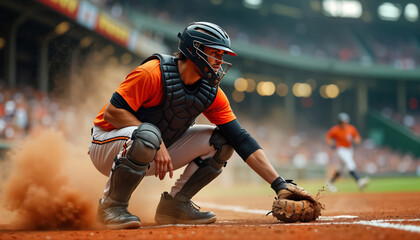 Baseball catcher in action under stadium lights. Dusty atmosphere. Focused athlete crouched dynamically. Dirt flying. High energy moment. Pro sport. Protective equipment. Dynamic play. Concentrated