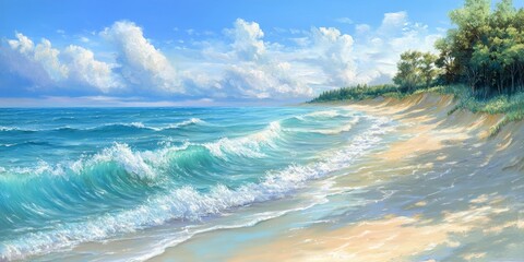 Soft waves lap gently at the sandy shore. A warm summer vacation day by the coast, accompanied by a pleasant and gentle breeze in the air.